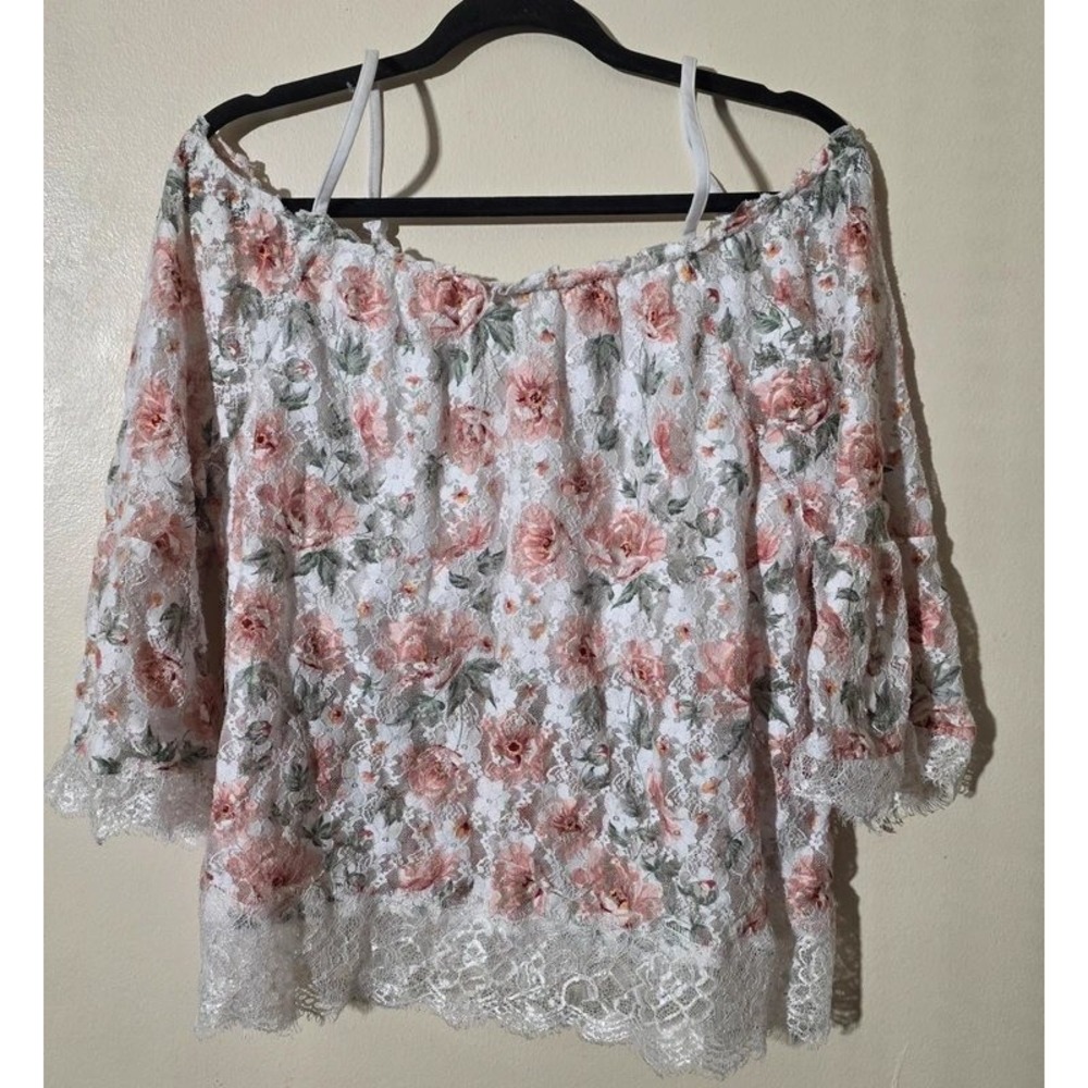 No Boundaries Floral Lace Off Shoulder Bell Sleeve Top Pink White XXL